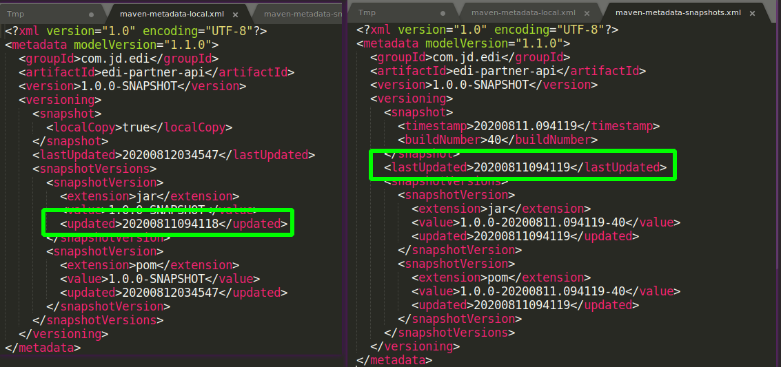 左maven-metadata-local.xml, 右maven-matadata-snapshot.xml